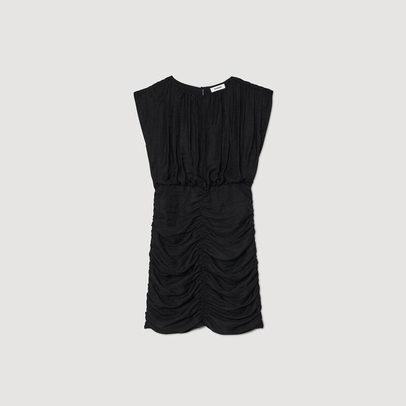 Black draped dress with ruched neckline