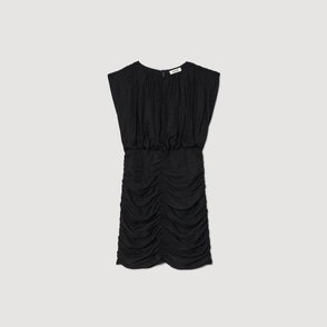 Black draped dress with ruched neckline