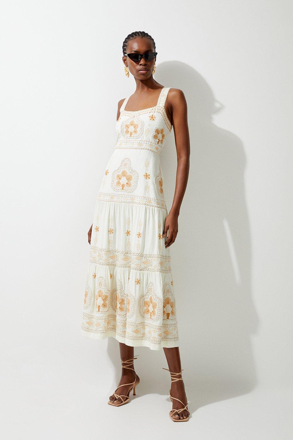 linen corded embroidered strappy woven mini dress KAREN MILLEN Petite Linen Corded Embroidered Strappy Woven Mini Dress