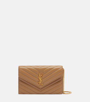 Taupe leather crossbody bag with a gold YSL logo.