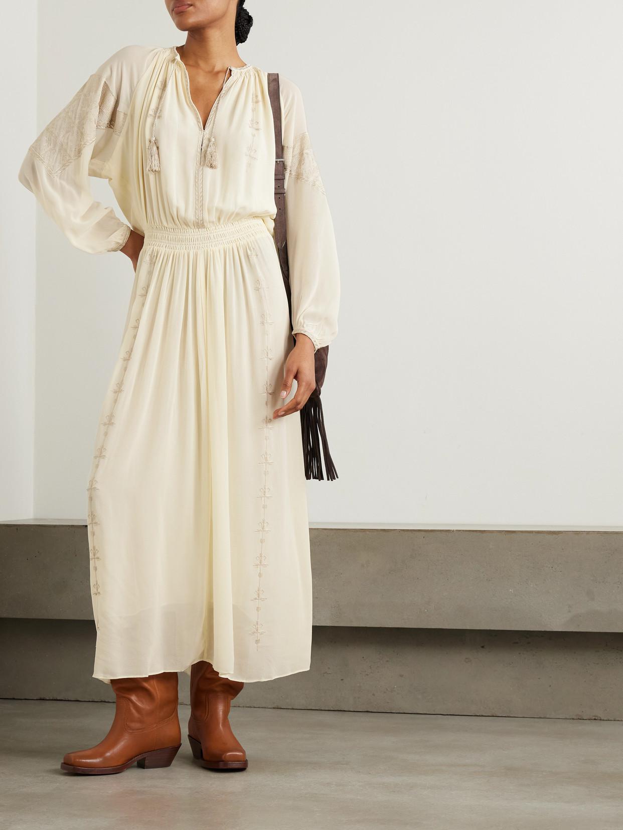 isabel embroidered midi dress ISABEL MARANT Odilia Tasseled Smocked Embroidered Silk Crepe De Chine Midi  Dress