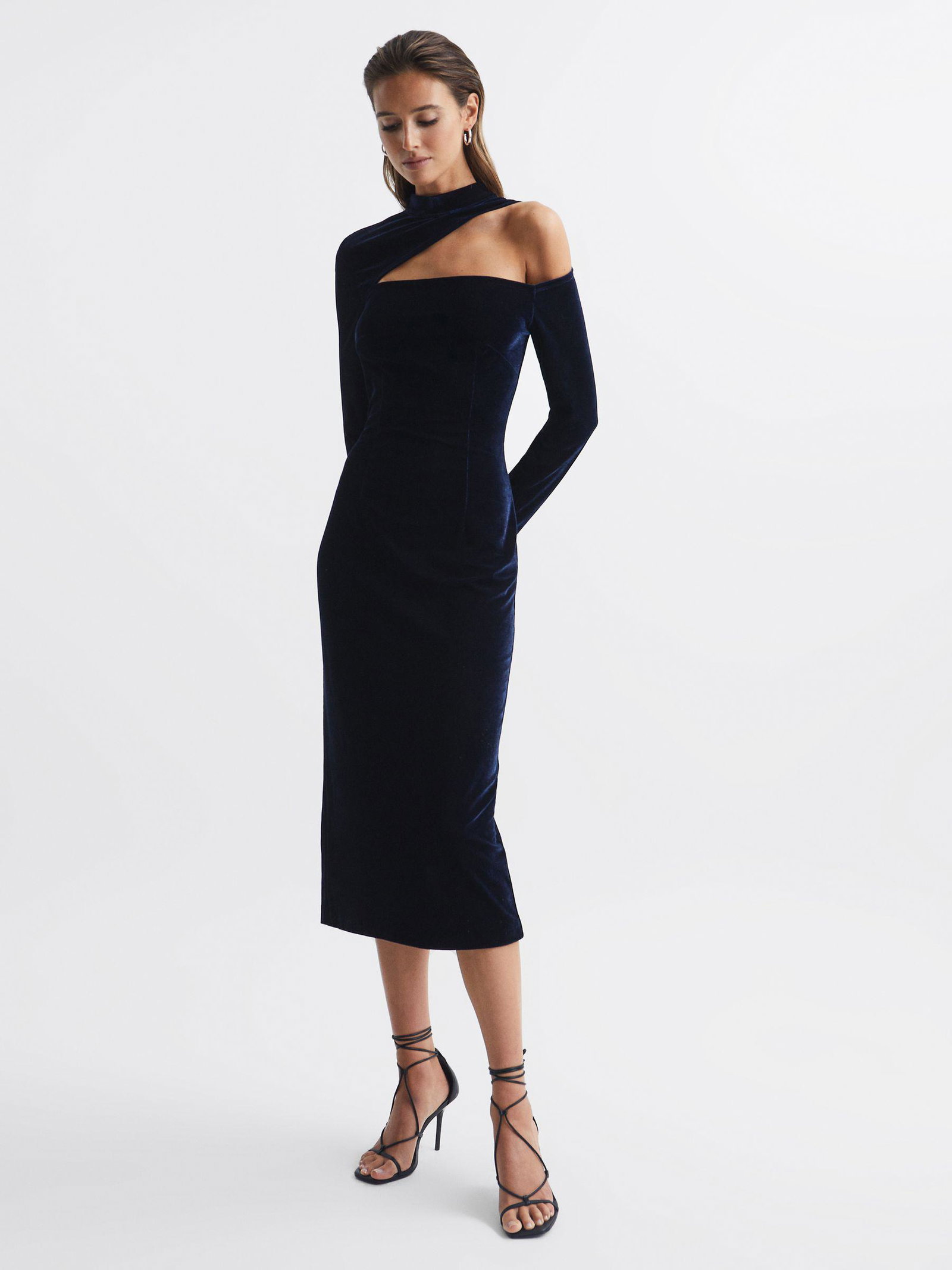 tatiana velvet cut-out shoulder dress Baltic Born Womens Tatiana Velvet One Shoulder Maxi Dress | Olive