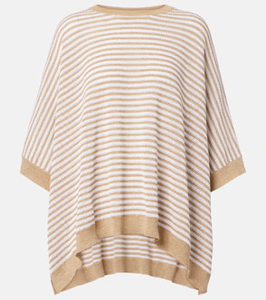 Cream and white striped knit poncho with a ribbed hem