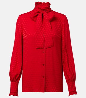 Red satin blouse with heart pattern and bow tie