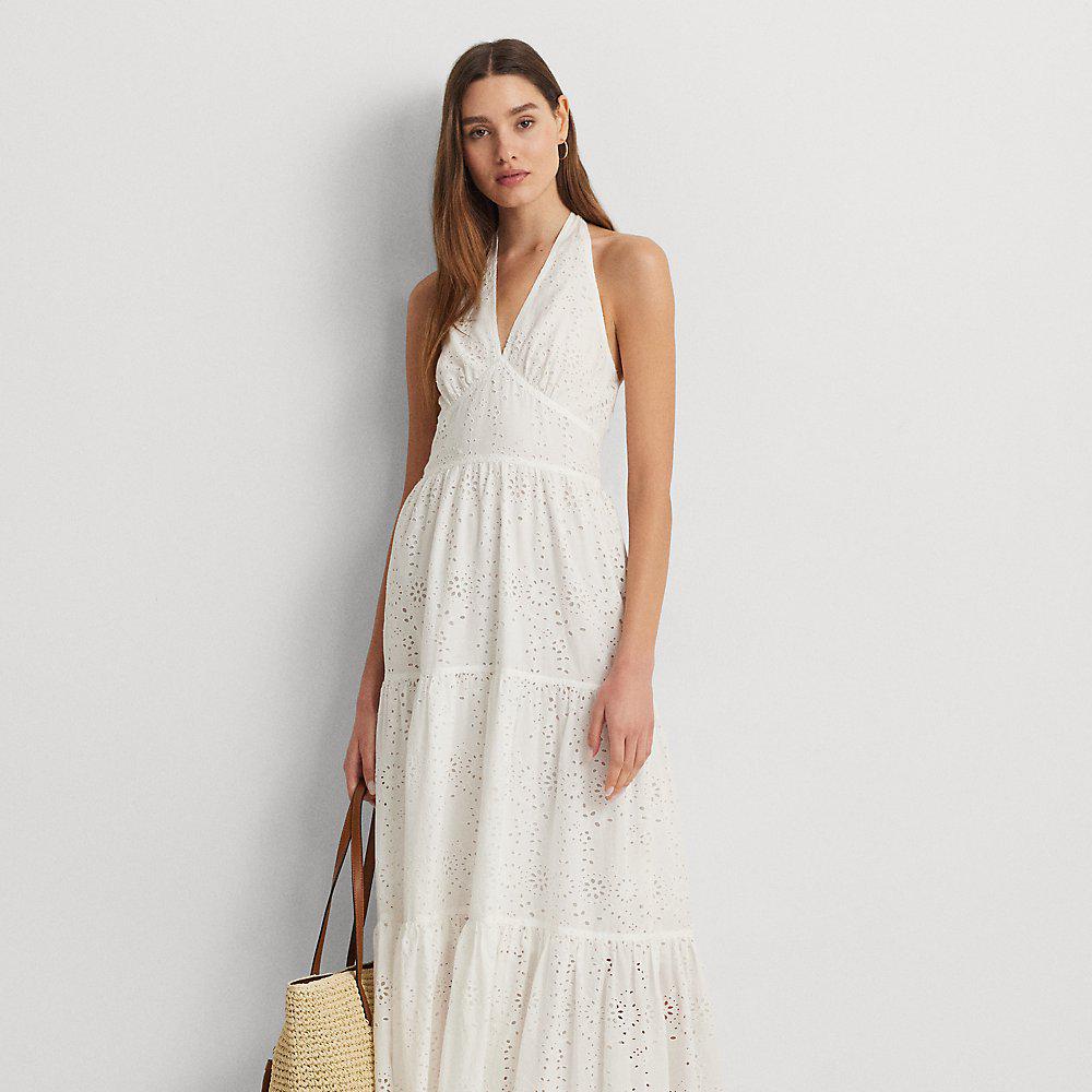 LAUREN RALPH LAUREN Eyelet Cotton Tiered Halter Dress | endource