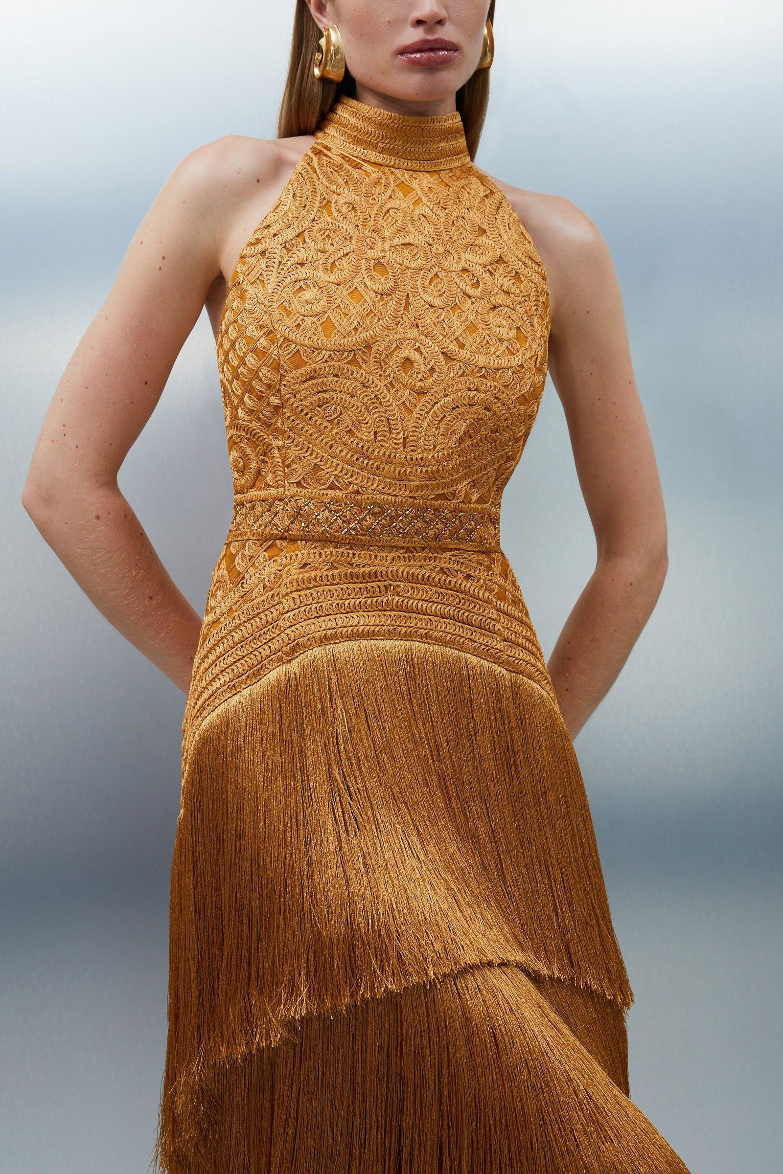 KAREN MILLEN Petite Fringed Beaded Halter Neck Woven Maxi Dress | endource KAREN MILLEN Petite Fringed Beaded Halter Neck Woven Maxi Dress | endource