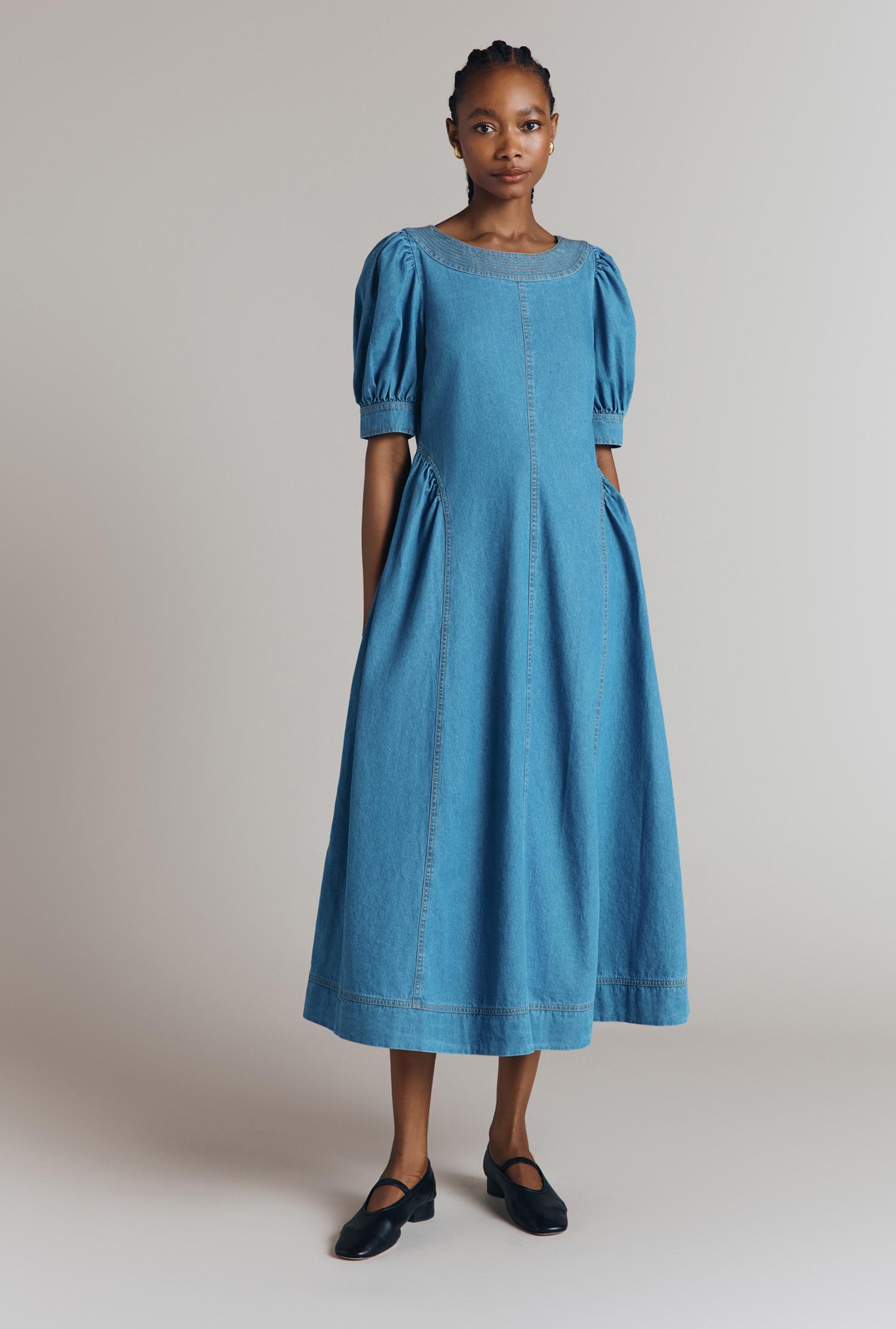puff-sleeve seamed denim dress Puff-Sleeve Seamed Denim Dress