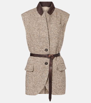 BRUNELLO CUCINELLI herringbone-textured vest with brown leather belt.