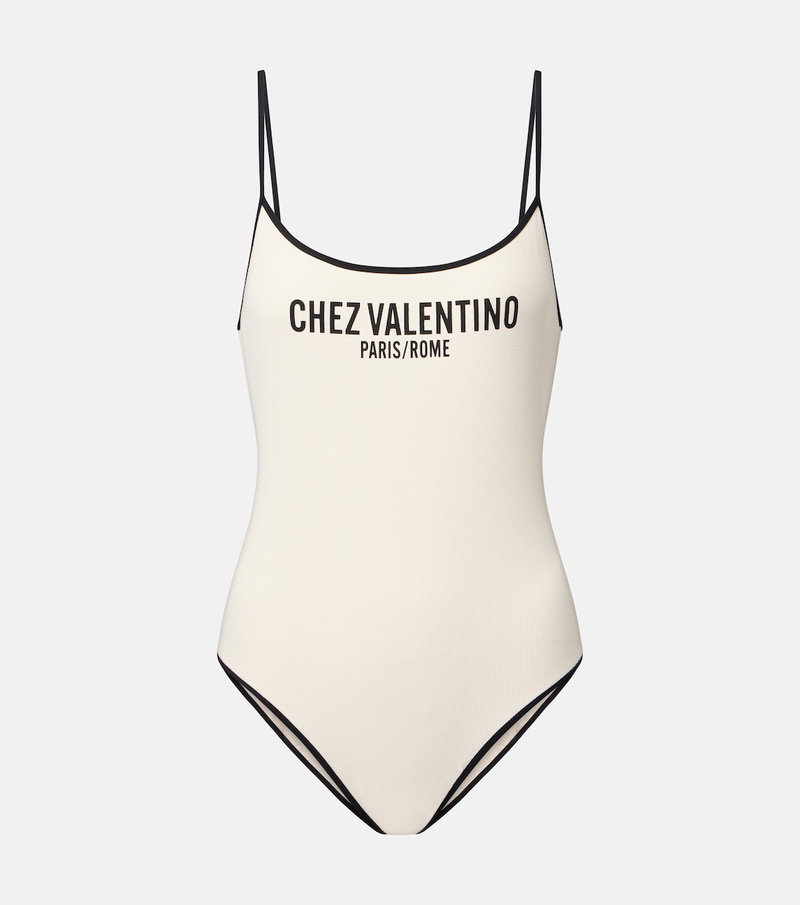 Cream one-piece swimsuit with black trim, Chez Valentino Paris/Rome logo