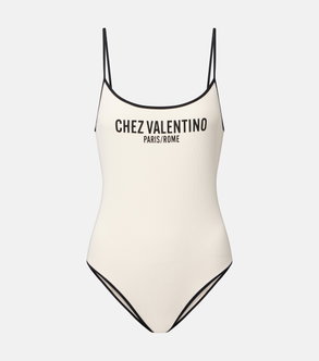 Cream one-piece swimsuit with black trim, Chez Valentino Paris/Rome logo
