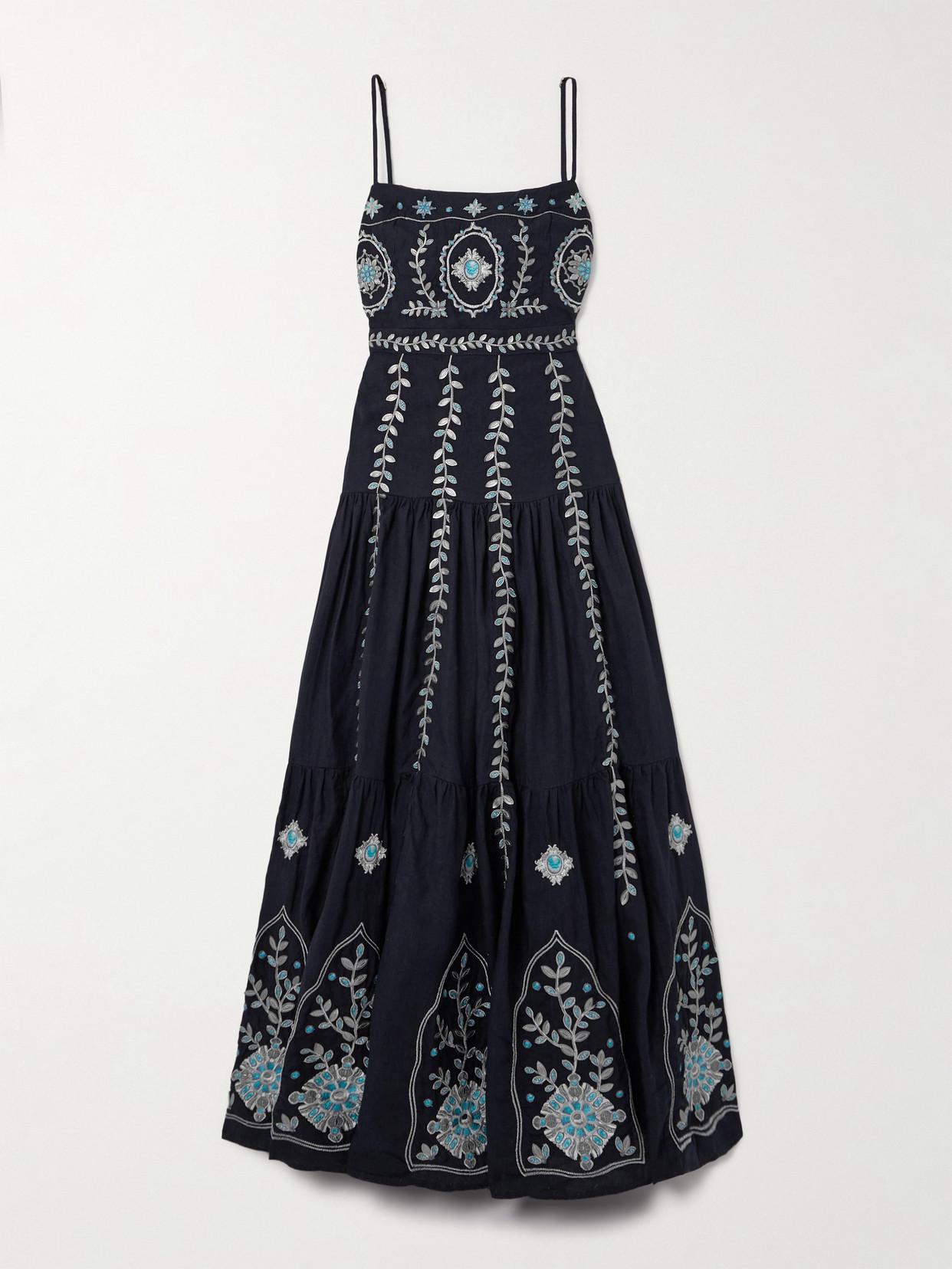 AGUA BY AGUA BENDITA Lima Relicario Embroidered Linen Maxi Dress in