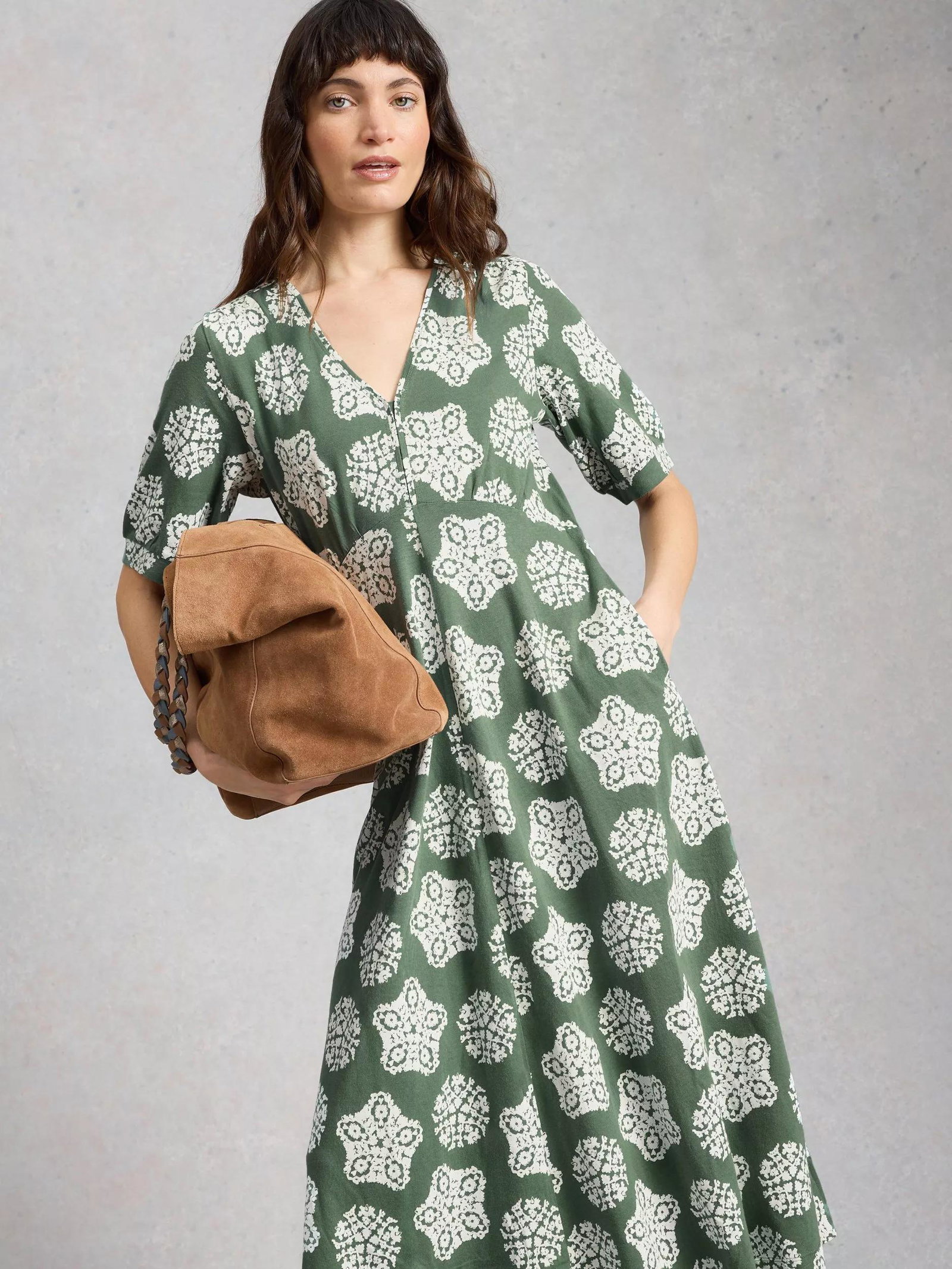 slim fit dress slacks Anne Dress Olive Branch/Lemon (cream ground) – The Coast Brand main image 1