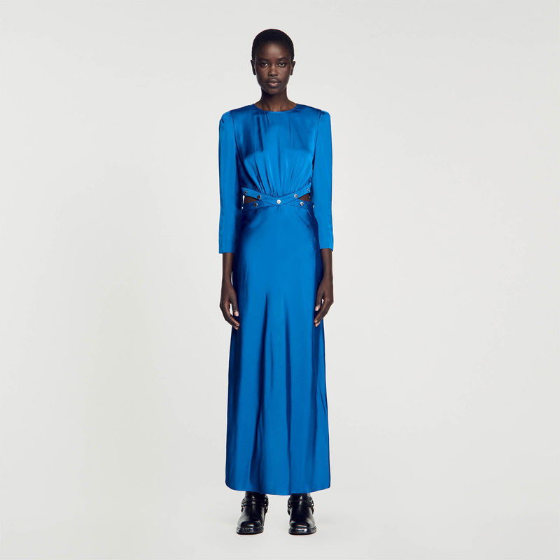 Satin blue dress with belted waist and three-quarter sleeves.