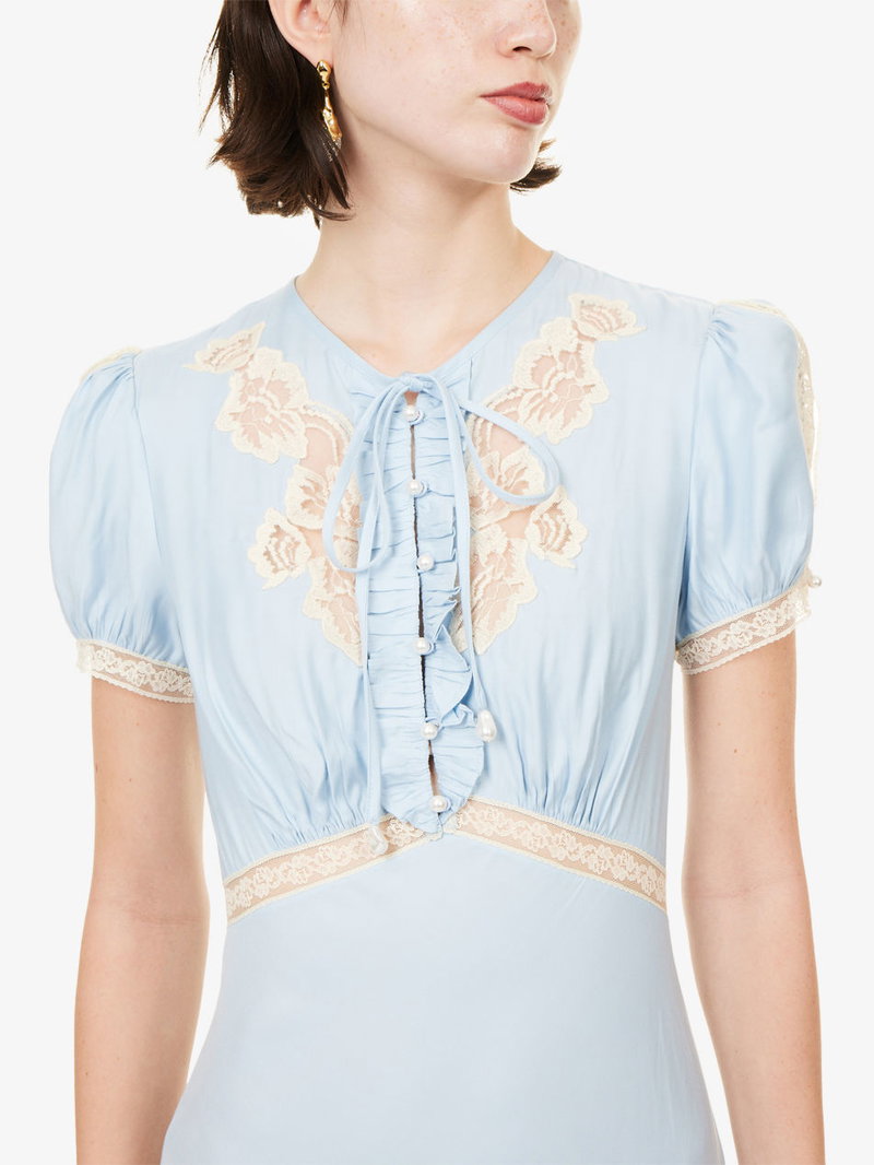 SELF-PORTRAIT Puff-Sleeve Lace-Insert Satin Midi Dress | endource