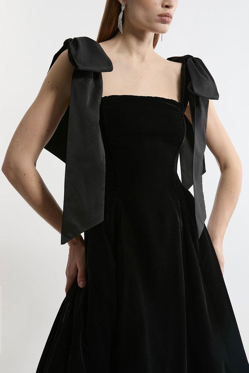 KAREN MILLEN Karen Millen x Lydia Millen - Velvet Bardot Woven Prom Midaxi  Dress With Taffeta Bow | endource