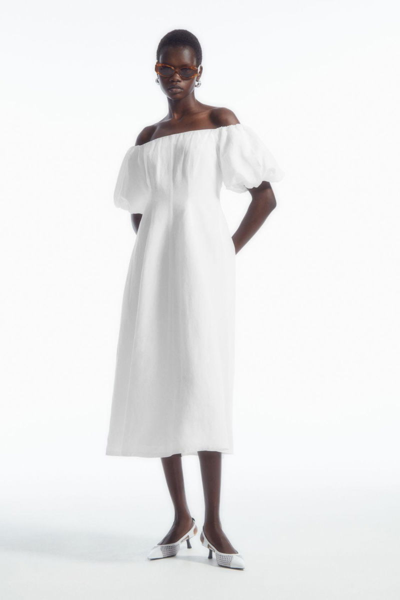 knee length dresses for ladies Puff-Sleeve Off-White A-Line Midi Dress main image 1