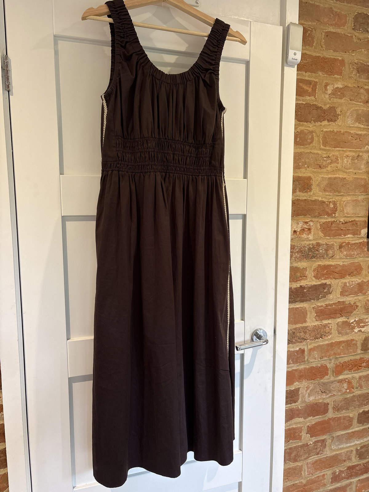 reiss anouk ruched dress Reiss Cotton Craft-Stitch Shirred Midi Dress in Brown