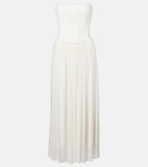 Cream-colored strapless maxi dress with gathered skirt.