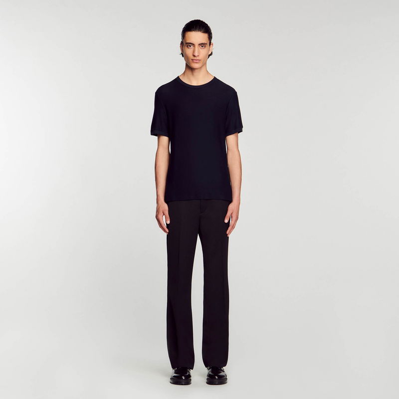 Dark knit t-shirt and wide-leg trousers, SANDRO