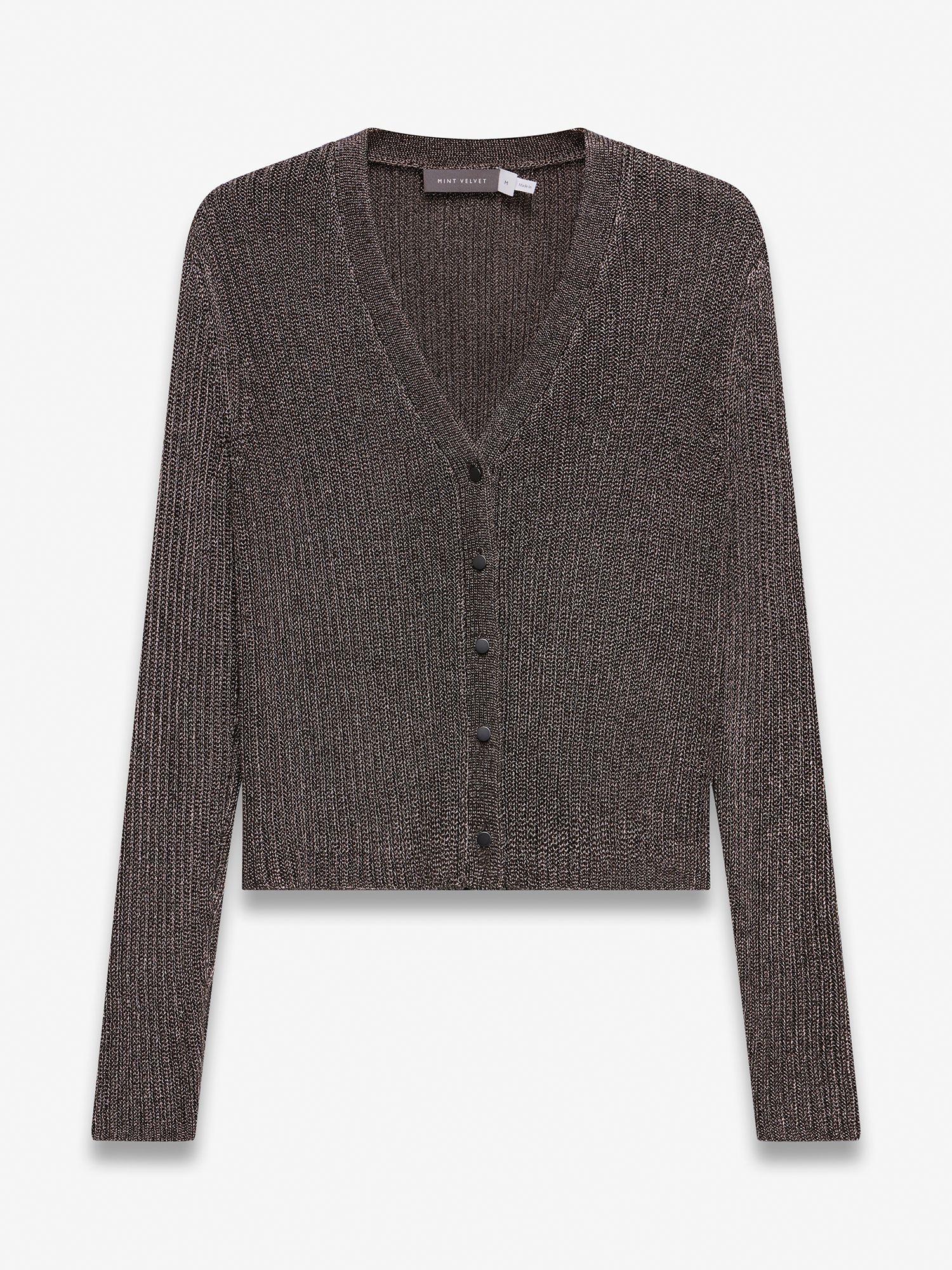 MINT VELVET Metallic Ribbed Cardigan in Dark Brown | Endource