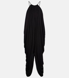 Black draped silk dress with halter straps
