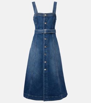 Blue denim midi dress with tie belt
