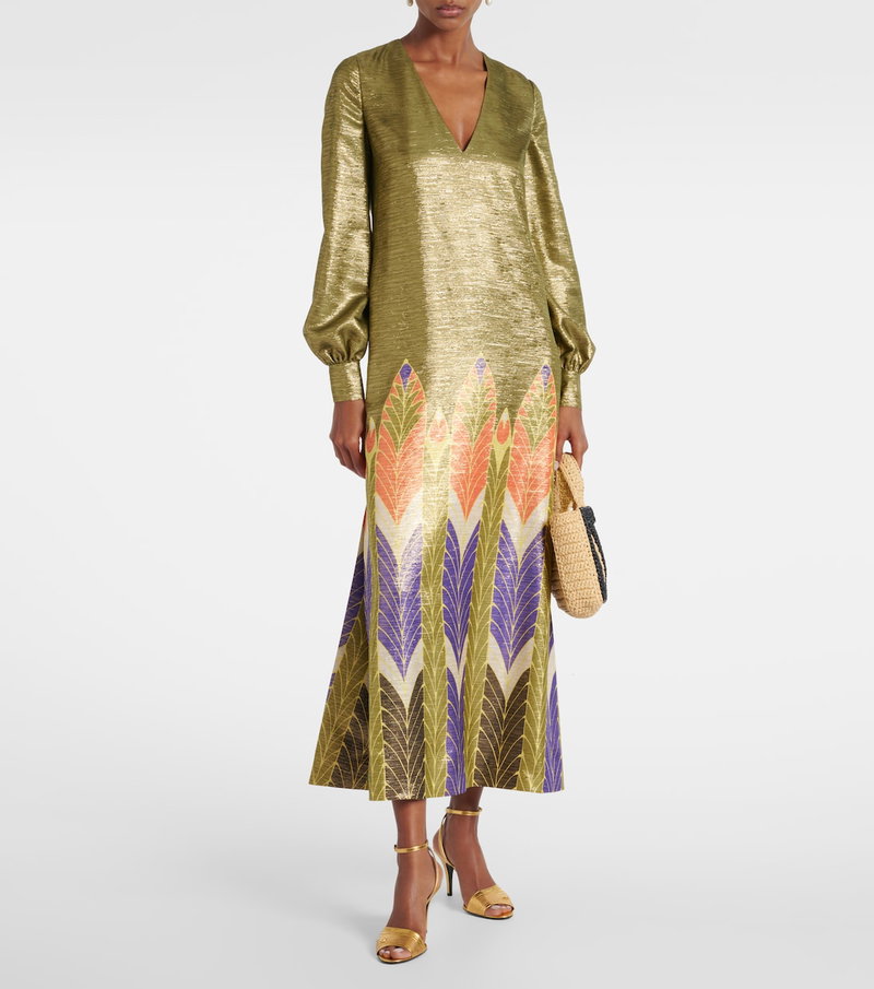 Valentino gold-brocade maxi dress with patterned hem and matching heels.