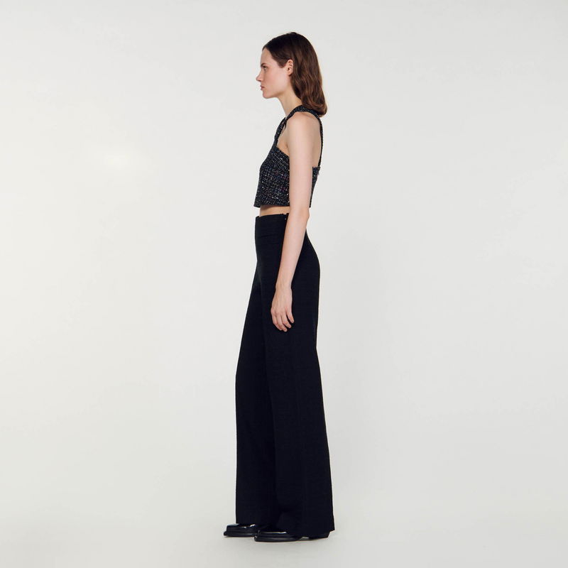 Black beaded crop top and wide-leg trousers, SANDRO