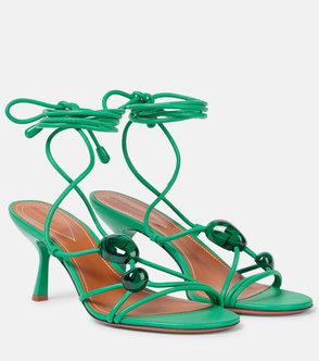 Green leather heeled sandals with jewel-toned beaded straps.