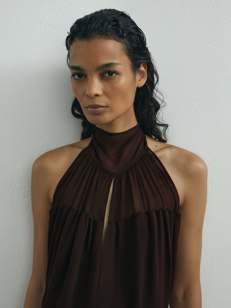 REISS Luna Atelier Chiffon Draped Halterneck Maxi Dress In Chocolate |  endource