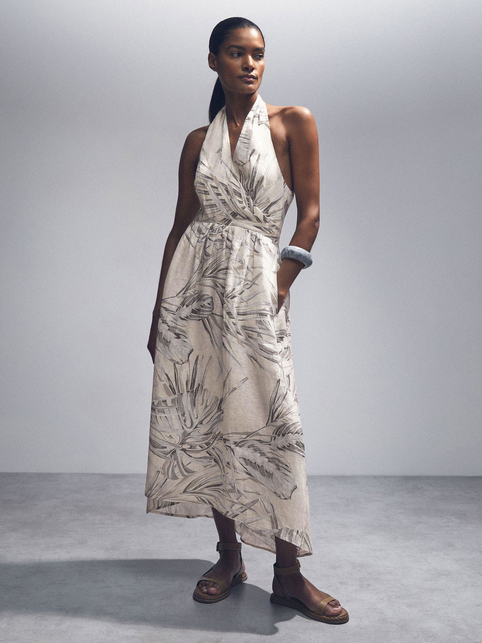 reiss carla linen halter dress 51% off Petite Palm Print Halterneck Midi square collar girls dress