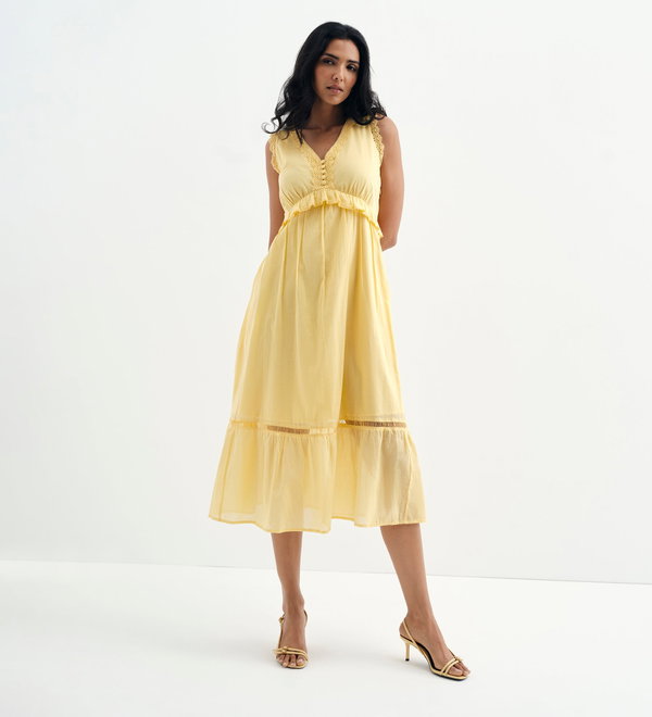 FINERY Myriam Yellow Cotton Lace Sleeveless Tiered Midi Dress endource — free download