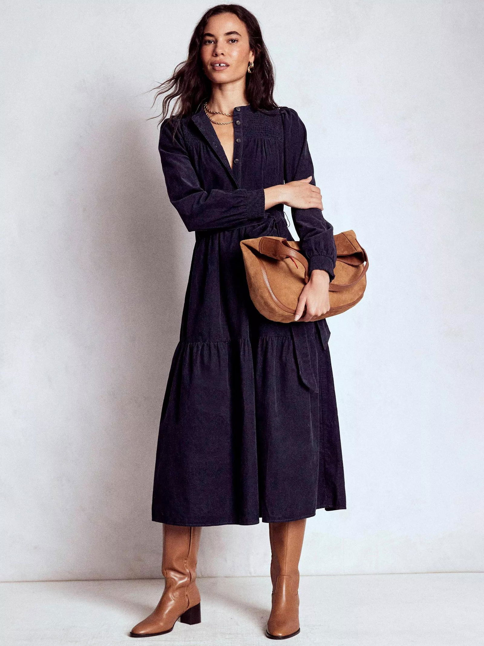 BODEN Cecily Corduroy Long Sleeve Cotton Midi Dress | endource