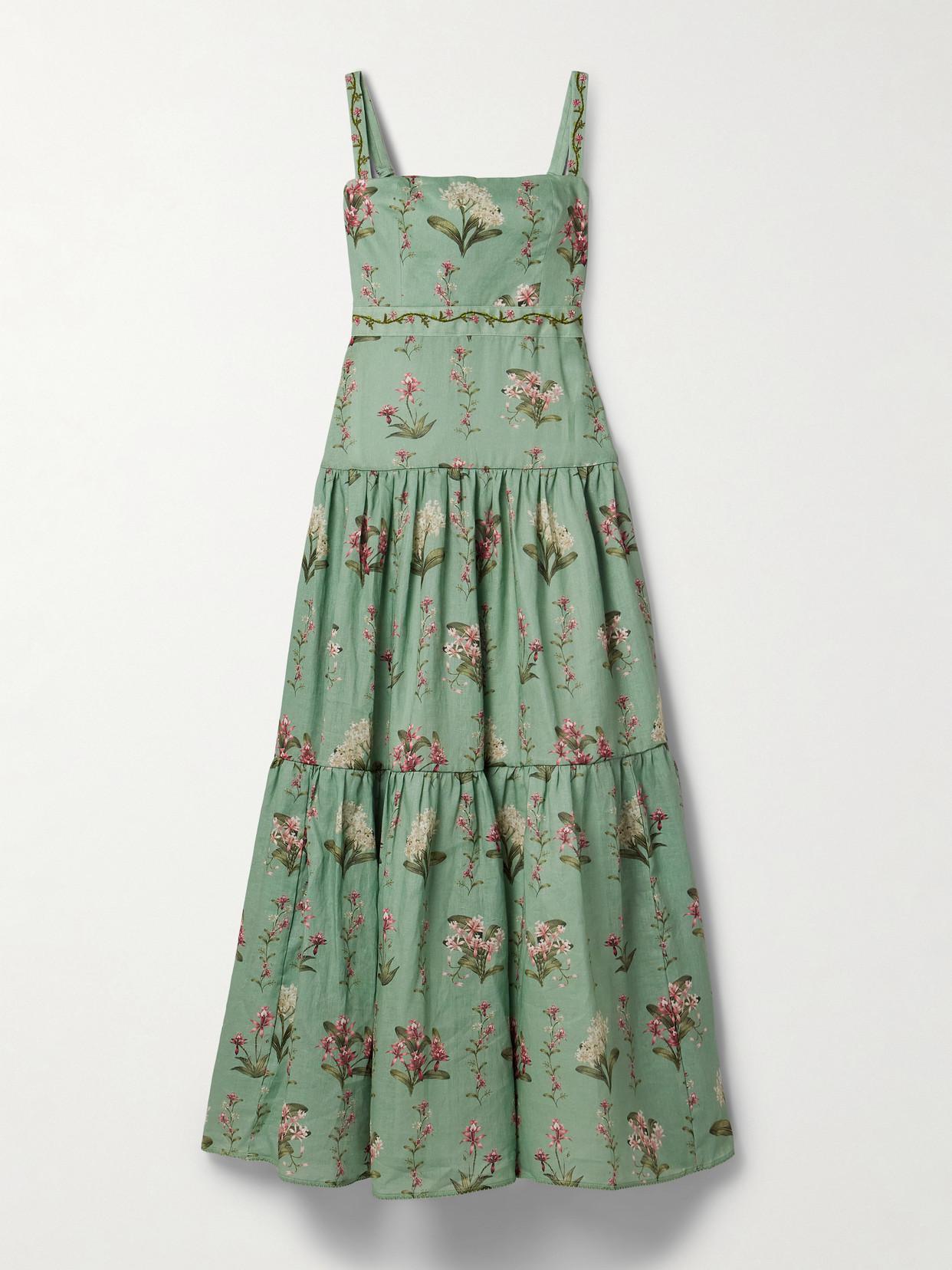 AGUA BY AGUA BENDITA Lima Orquidea Tiered Embellished Floral-Print Linen Maxi Dress | endource AGUA BY AGUA BENDITA Lima Orquidea Tiered Embellished Floral-Print Linen Maxi Dress | endource