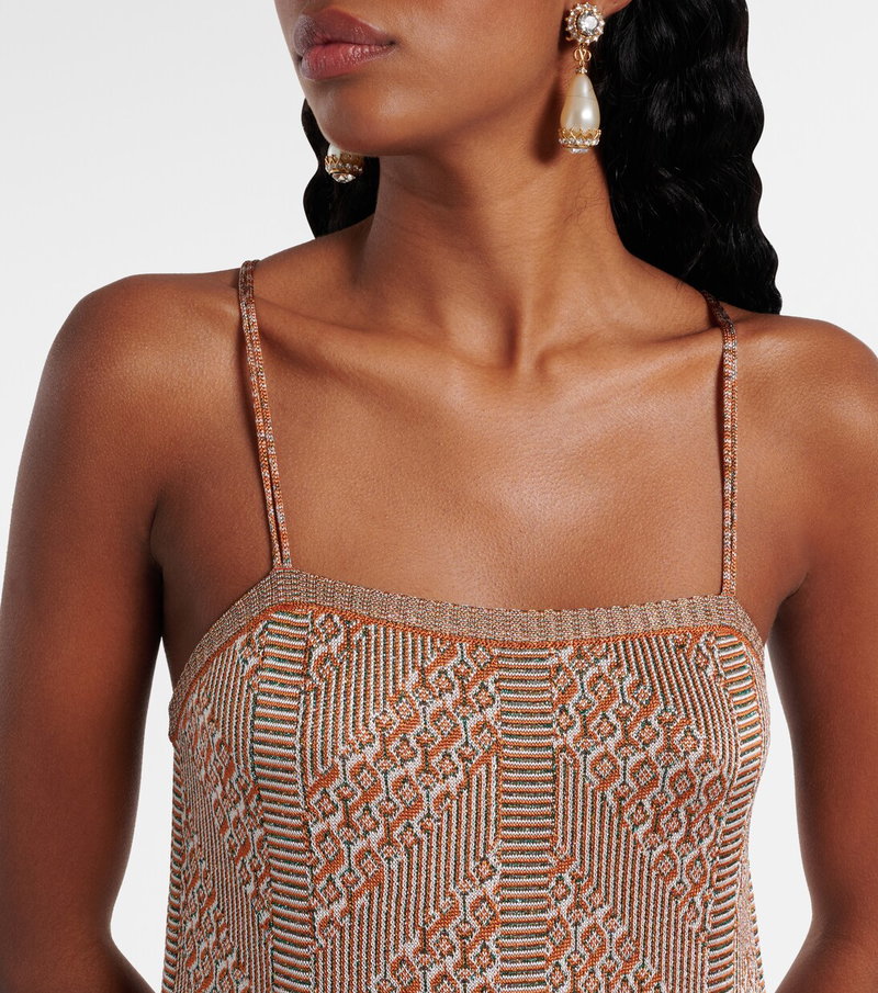 Valentino ribbed spaghetti strap dress with pearl earrings
