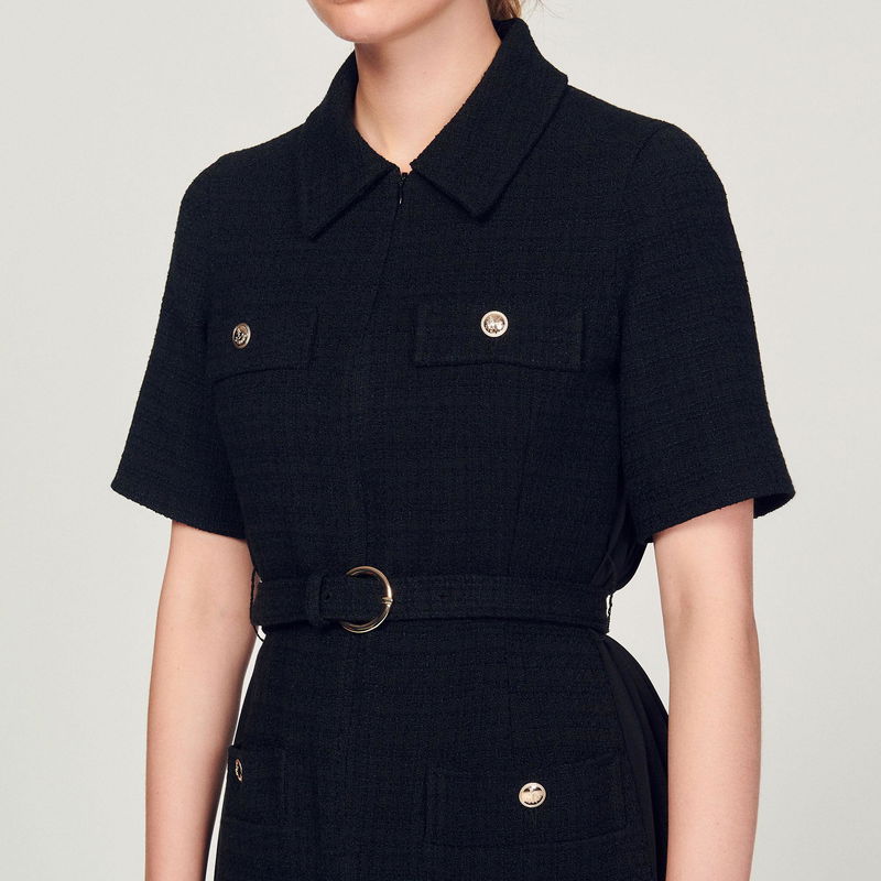 Black tweed jacket with belt and buttons