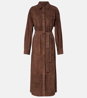 Brown suede dress with belted waist and button closures.