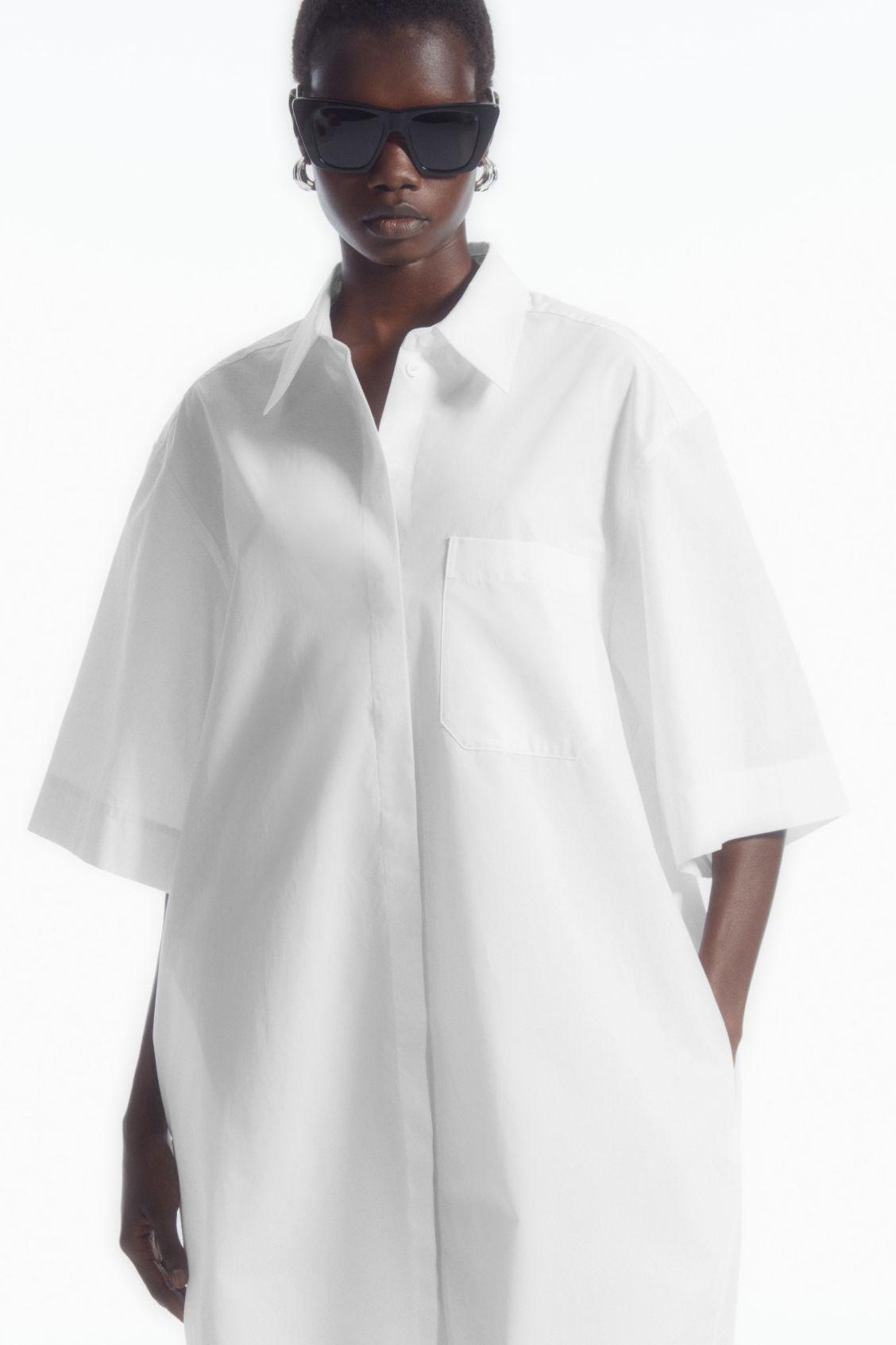 cos oversized poplin mini shirt dress COS Women's Poplin Short-Sleeve Shirt Dress in Black | Cotton