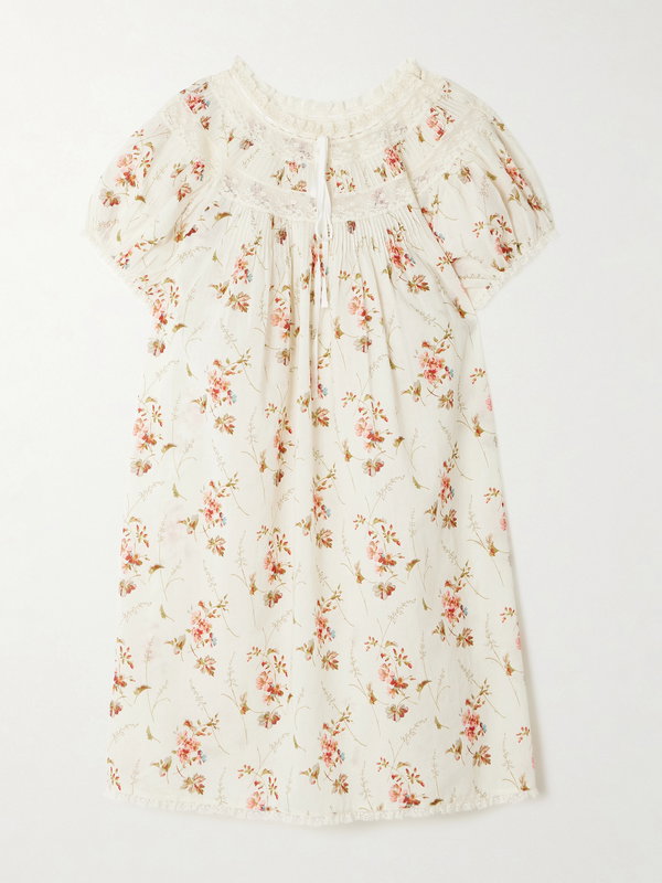 DÔEN Daphne Lace-Trimmed Pintucked Floral-Print Organic Cotton-Voile Mini Dress