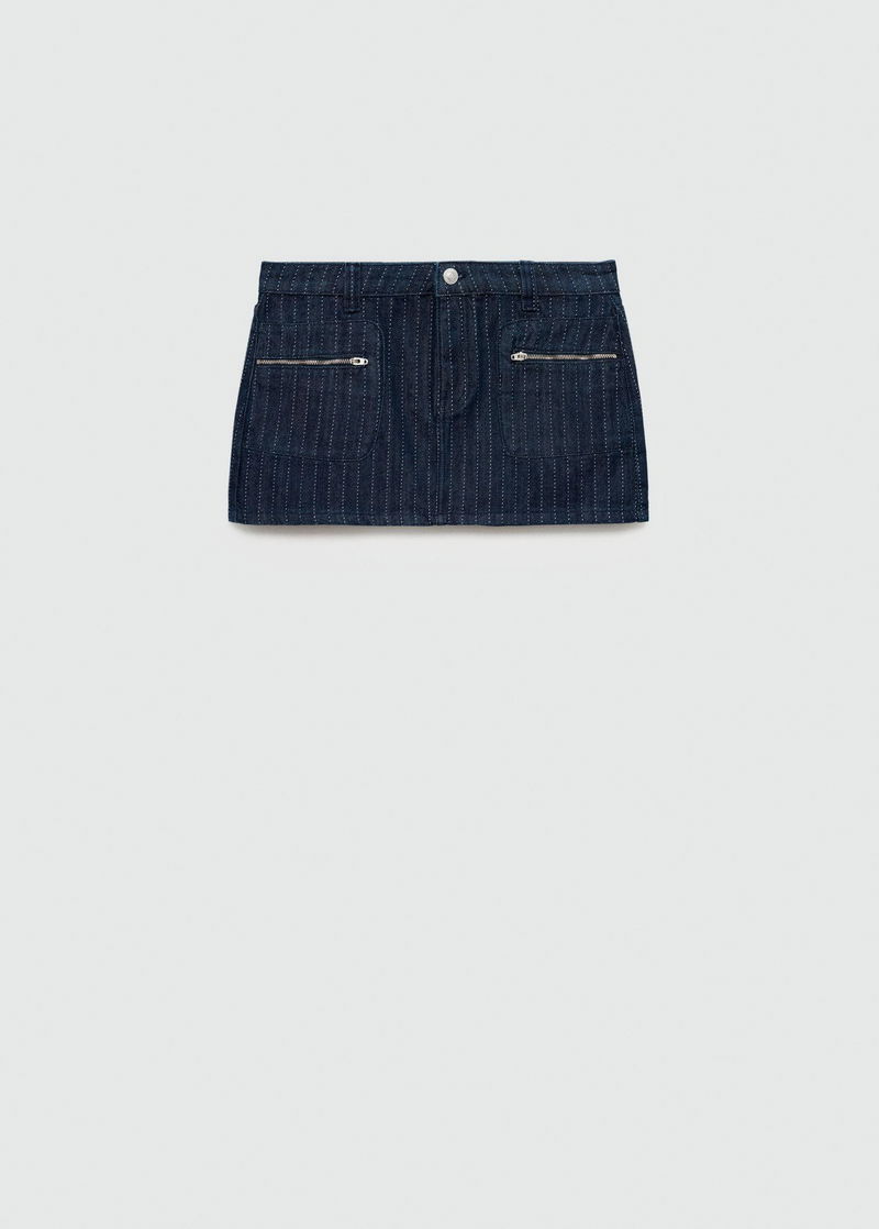Dark denim mini skirt with pockets and zippers