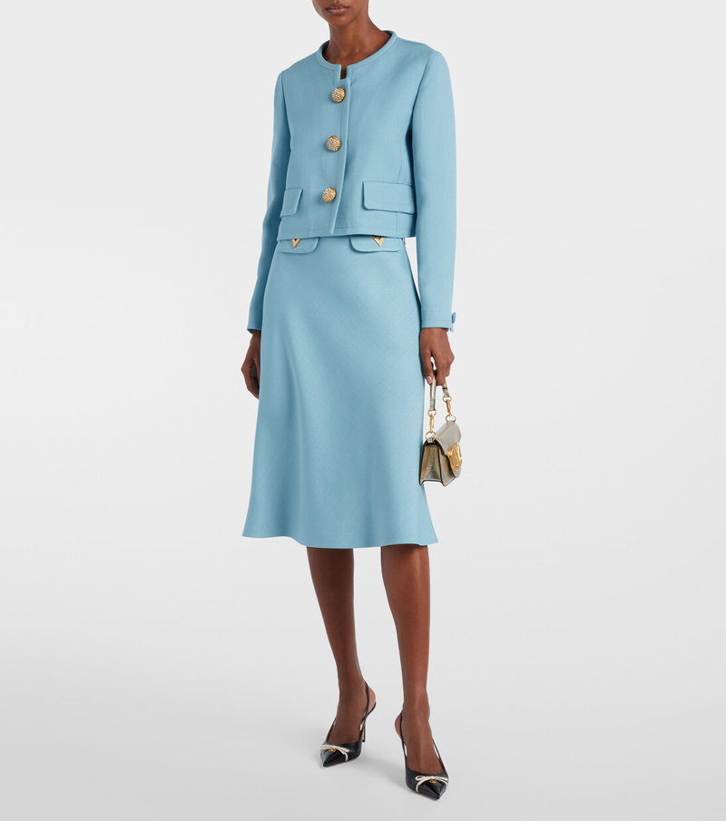 Valentino blue tweed suit with gold buttons