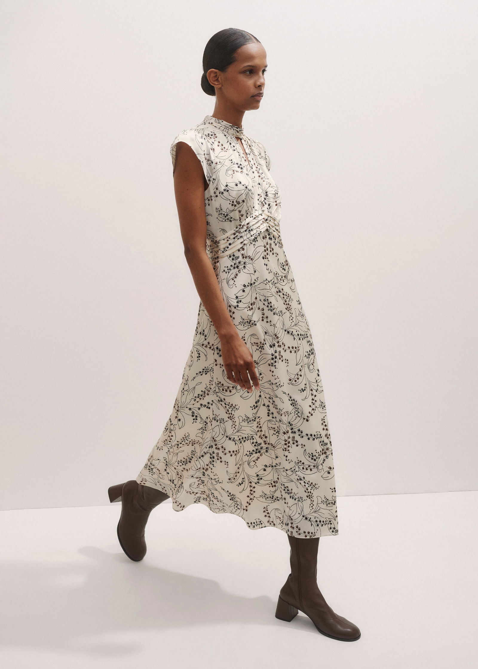 white christmas dresses Cream White Casual Midi Dress with Floral Print– PromGirl