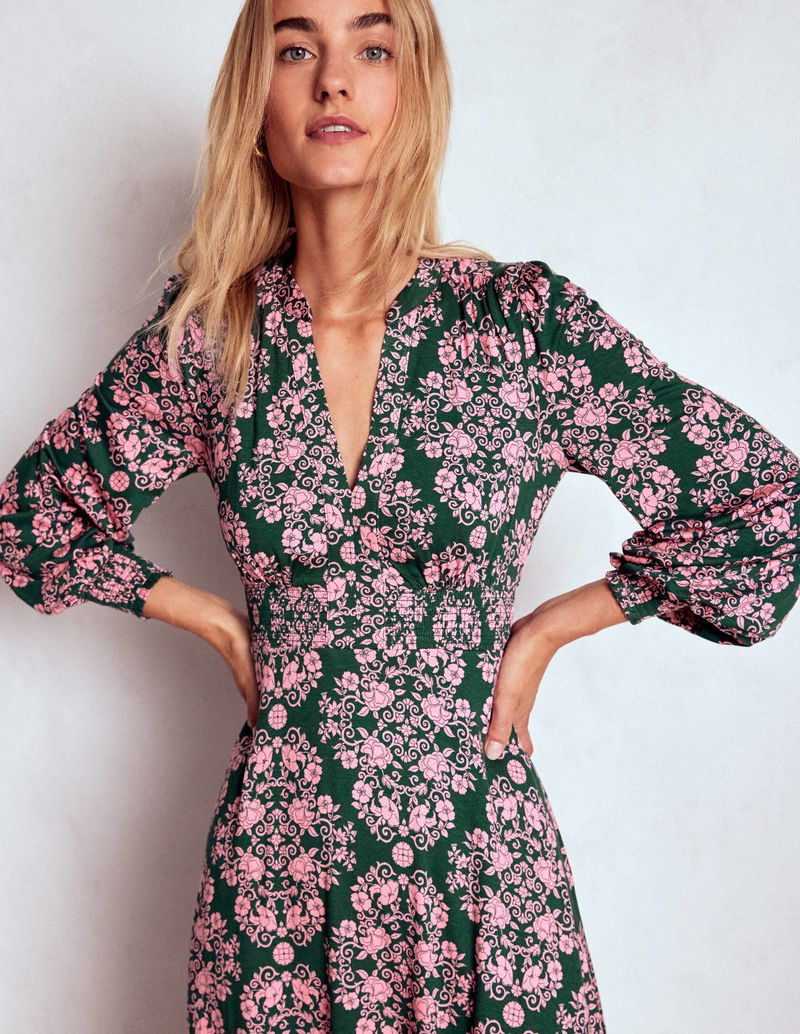 BODEN Ivy Smocked Midi Dress-Green, Ornamental Lattice | endource