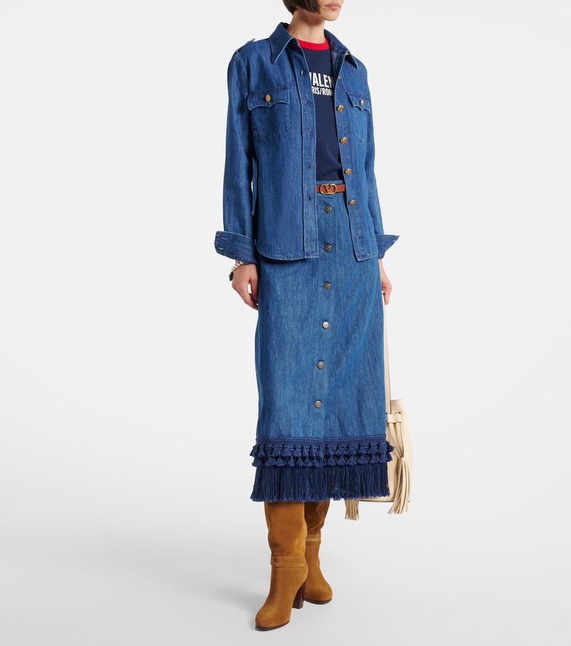 Valentino denim shirt and skirt set with fringe detail