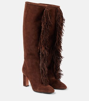 Brown suede knee-high boots with fringe detailing