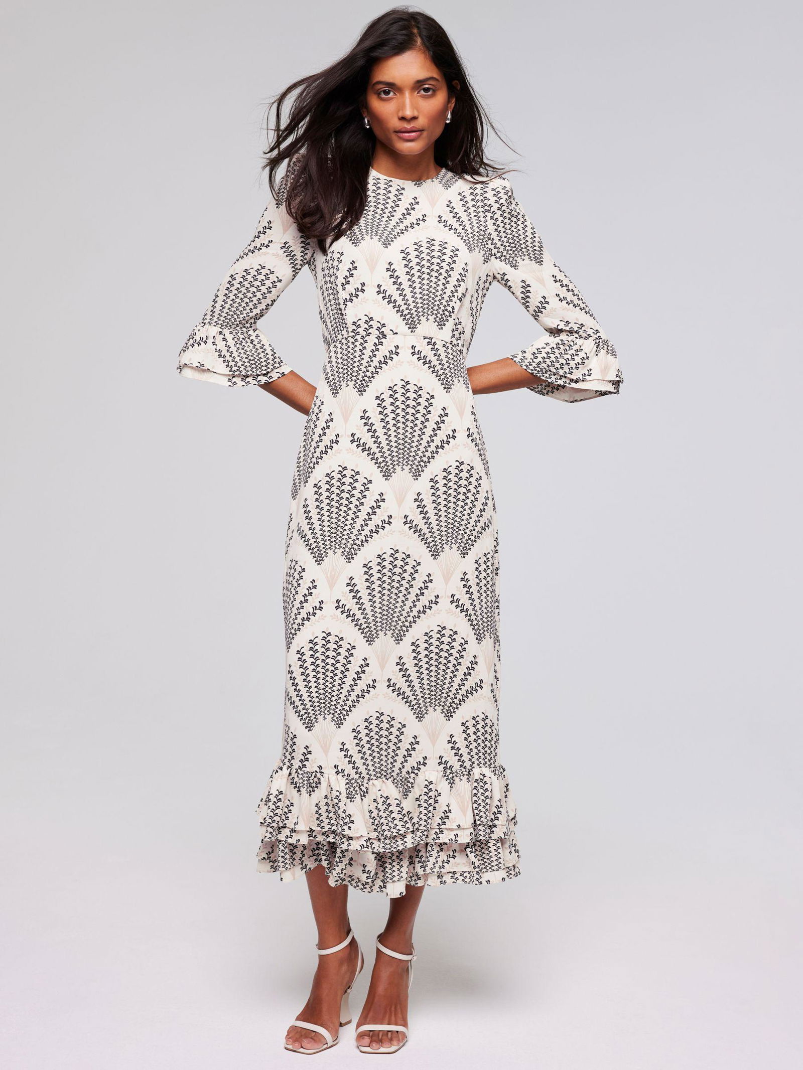 knee length dresses for ladies Navy Leaf Print Ruffle Detail Midi Dress  Mint Velvet