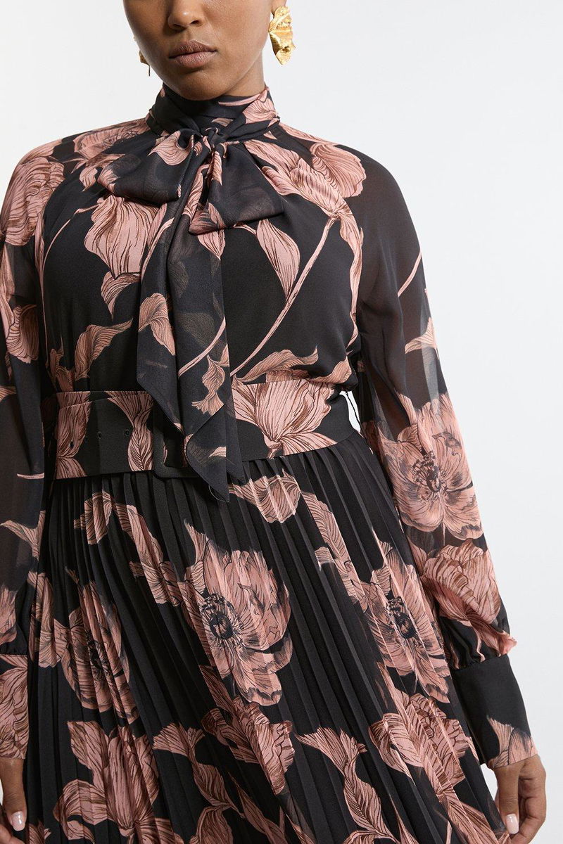 KAREN MILLEN Plus Size Floral Print Pleated Skirt Tie Neck Detail - Main Image