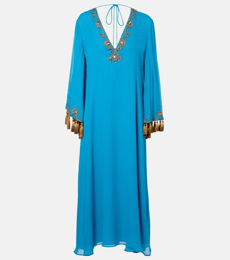 Valentino turquoise gown with embellished neckline and sleeves