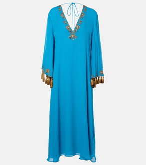 Valentino turquoise gown with embellished neckline and sleeves