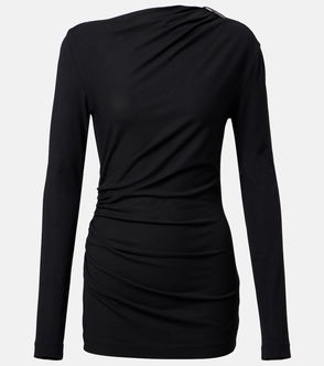Black long-sleeved dress with draped neckline